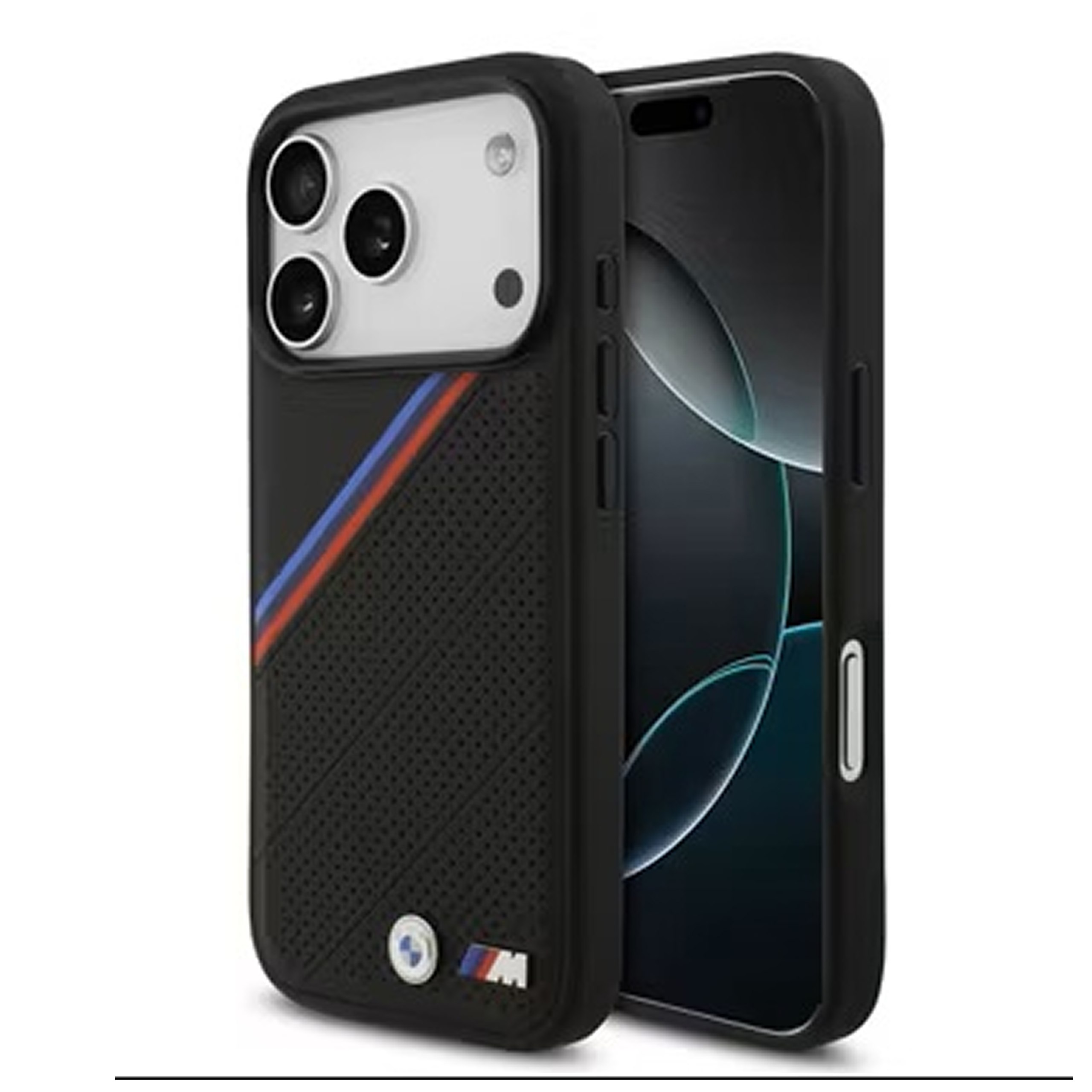 Case iPhone 17 Pro Max BMW MagSafe PU Leather Case with Metal Logos & Tricolor Slanted Stripes