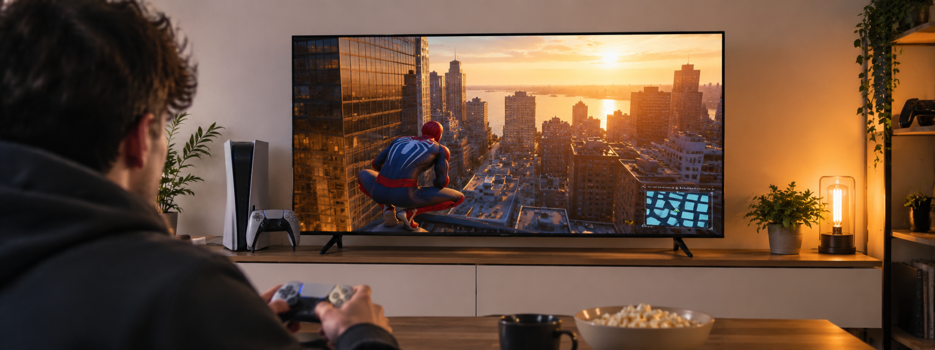 Парень играет в PlayStation на телевизоре